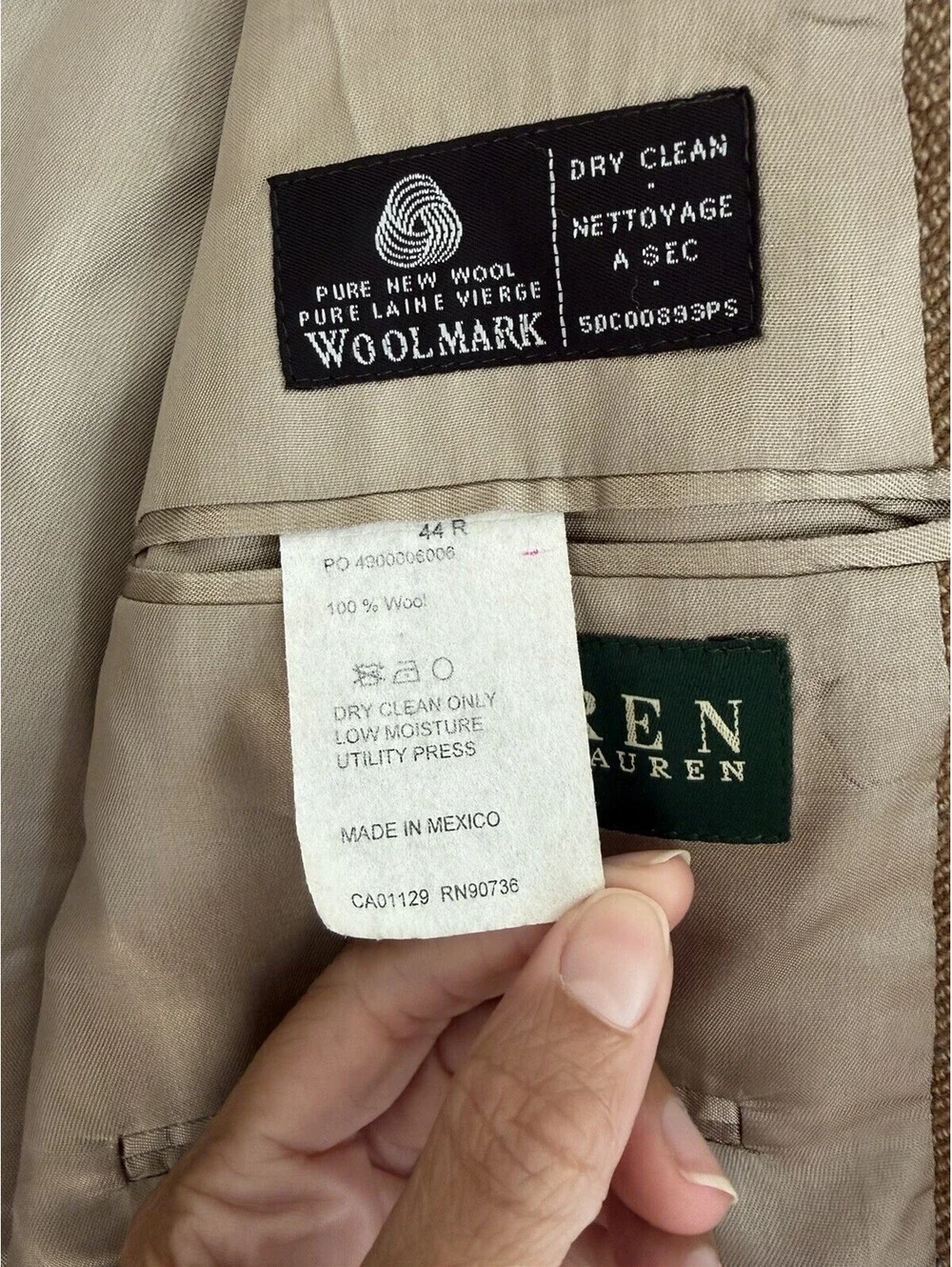 Lauren Ralph Lauren Herringbone 100% Wool Blazer Camel Tweed 44R Luxury Preppy